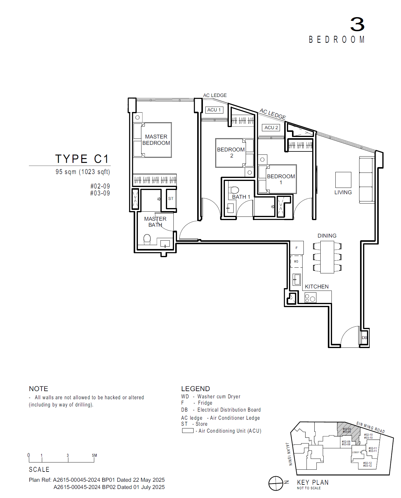 Floor plan of Artisan 8 type C1, 3-Bedroom, 1,023 sq ft