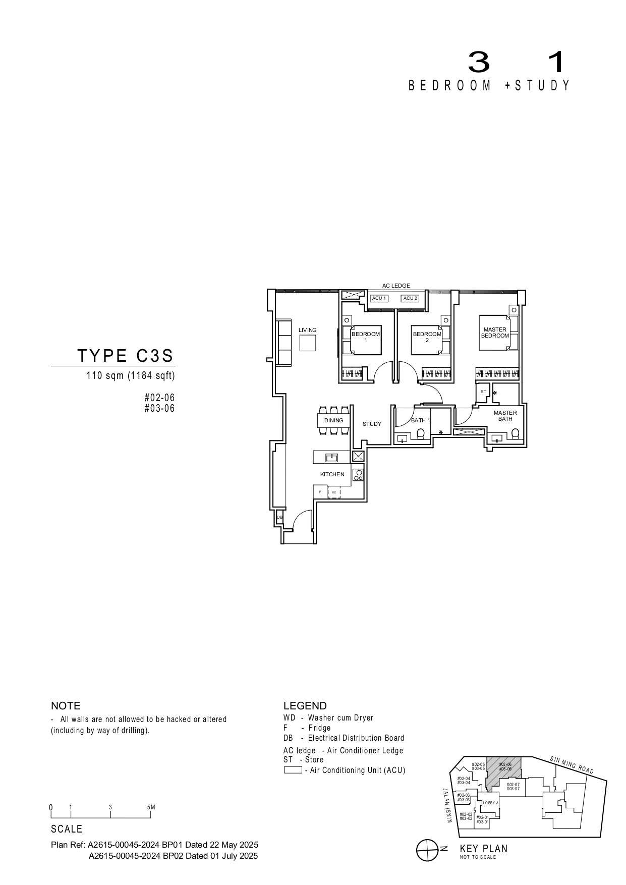 Floor plan of Artisan 8 type C3S, 3-Bedroom, 1,184 sq ft