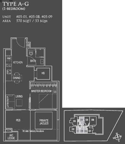Floor plan of 26 Newton type A-G, 1-Bedroom, 570 sq ft