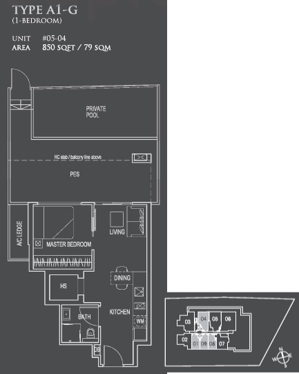 Floor plan of 26 Newton type A1-G, 1-Bedroom, 850 sq ft