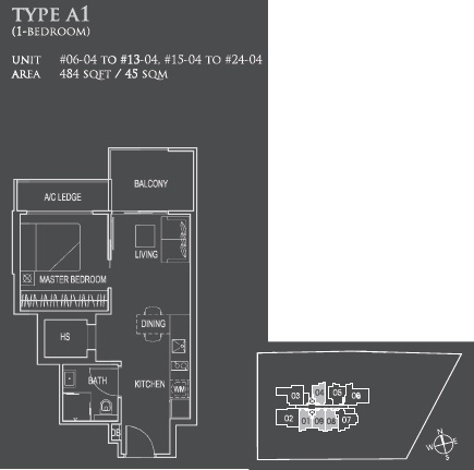 Floor plan of 26 Newton type A1, 1-Bedroom, 484 sq ft