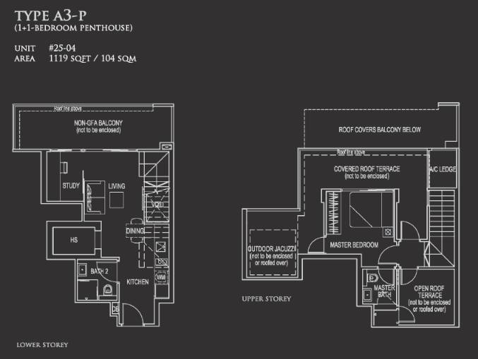 Floor plan of 26 Newton type A3-P, Penthouse, 1,119 sq ft