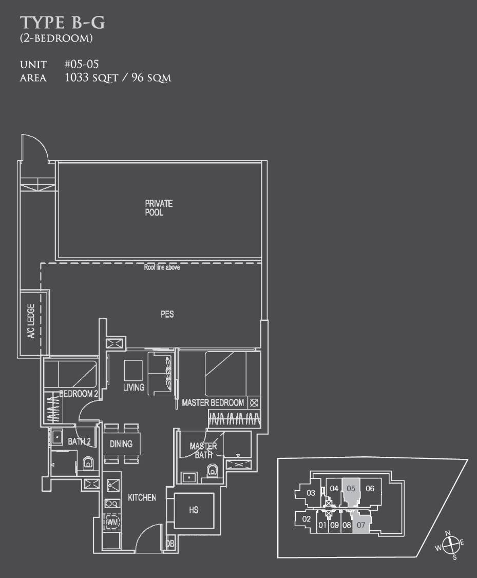 Floor plan of 26 Newton type B-G, 2-Bedroom, 1,033 sq ft