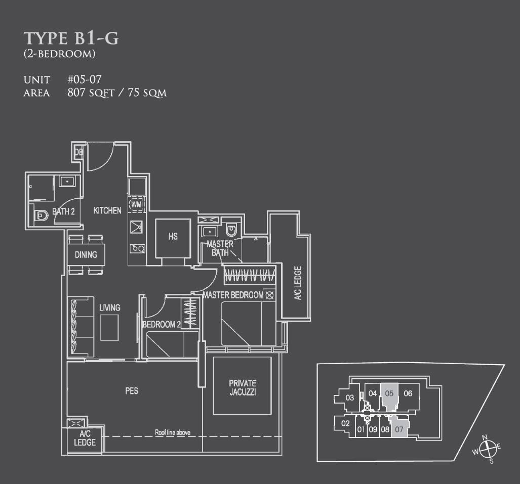 Floor plan of 26 Newton type B1-G, 2-Bedroom, 807 sq ft
