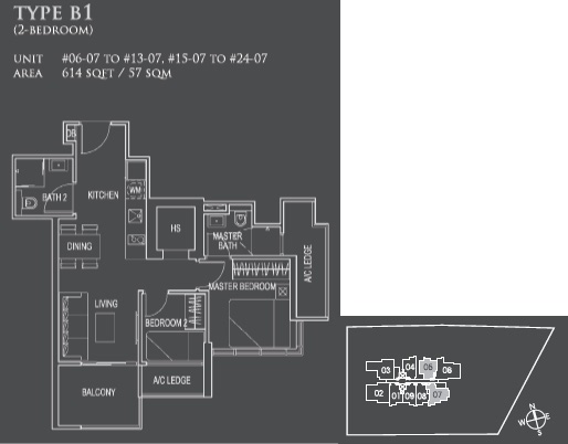 Floor plan of 26 Newton type B1, 2-Bedroom, 614 sq ft