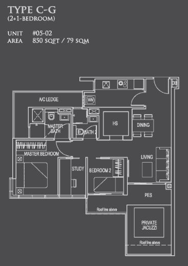 Floor plan of 26 Newton type C-G, 2-Bedroom + Study, 850 sq ft