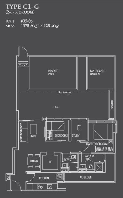 Floor plan of 26 Newton type C1-G, 2-Bedroom + Study, 1,378 sq ft