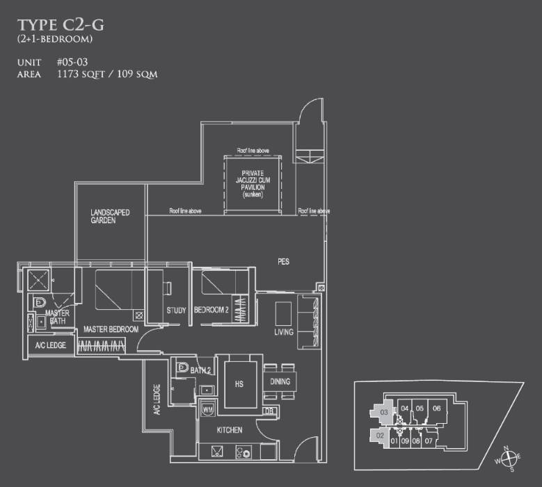 Floor plan of 26 Newton type C2-G, 2-Bedroom + Study, 1,173 sq ft