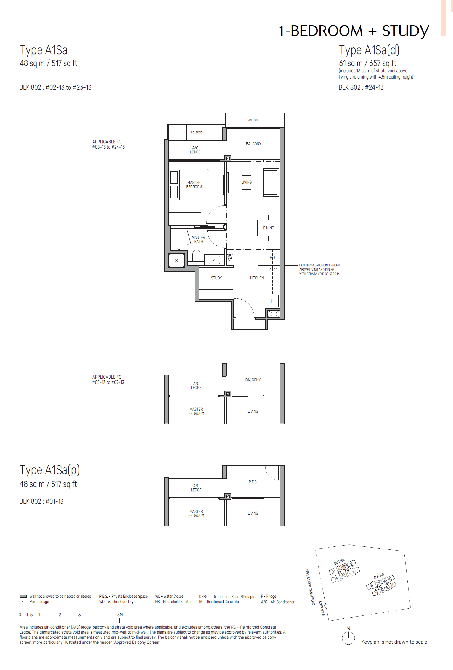 Floor plan of The Myst type A1Sa, 1-Bedroom + Study, 517 sq ft