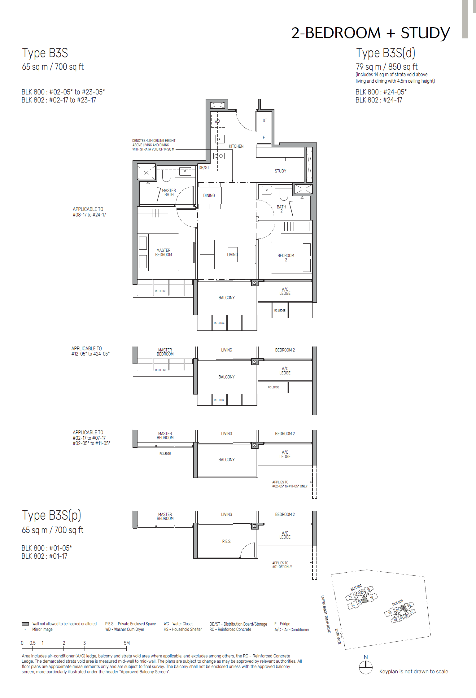 Floor plan of The Myst type B3S, 2-Bedroom + Study, 700 sq ft
