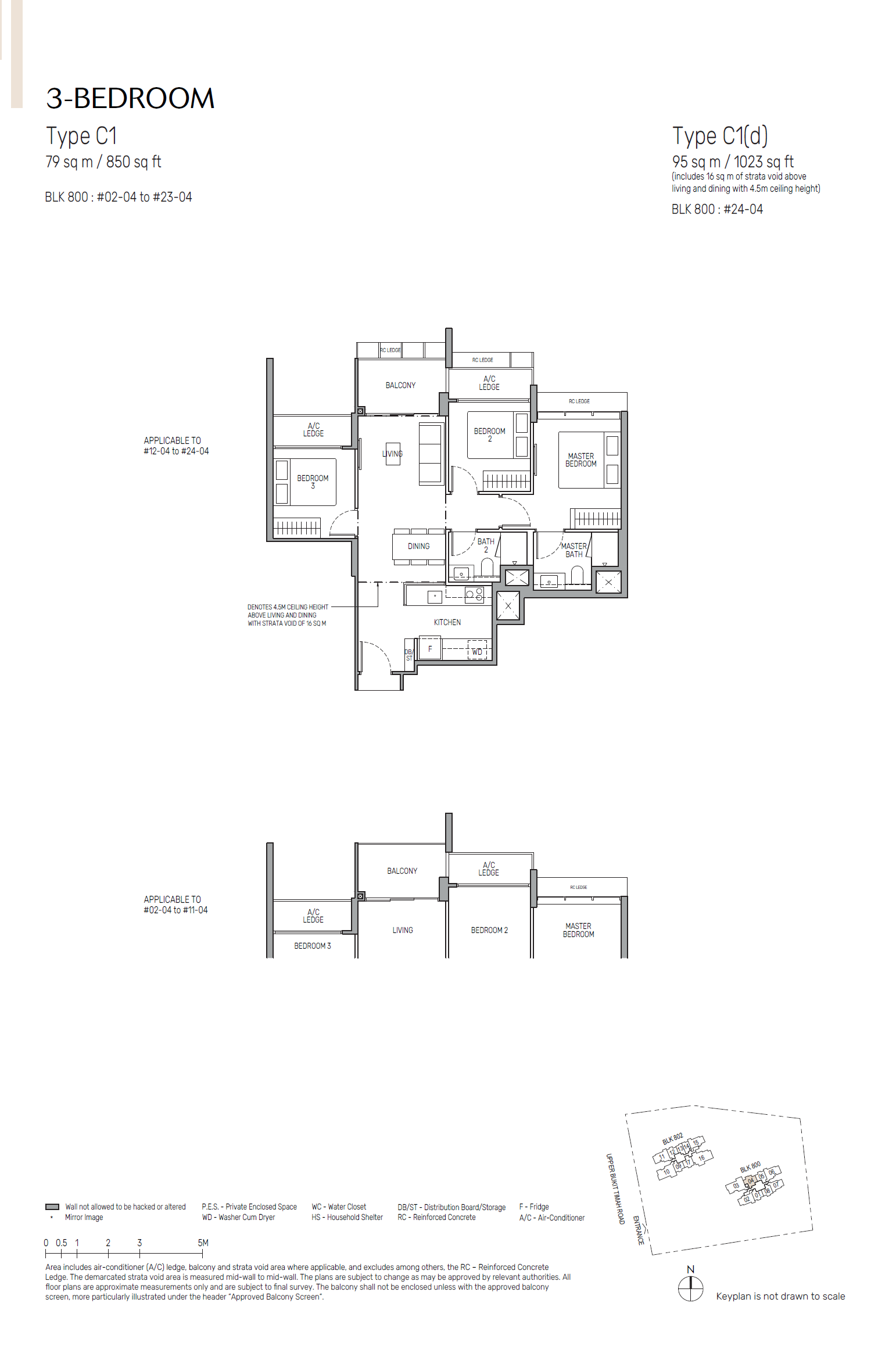 Floor plan of The Myst type C1, 3-Bedroom, 850 sq ft