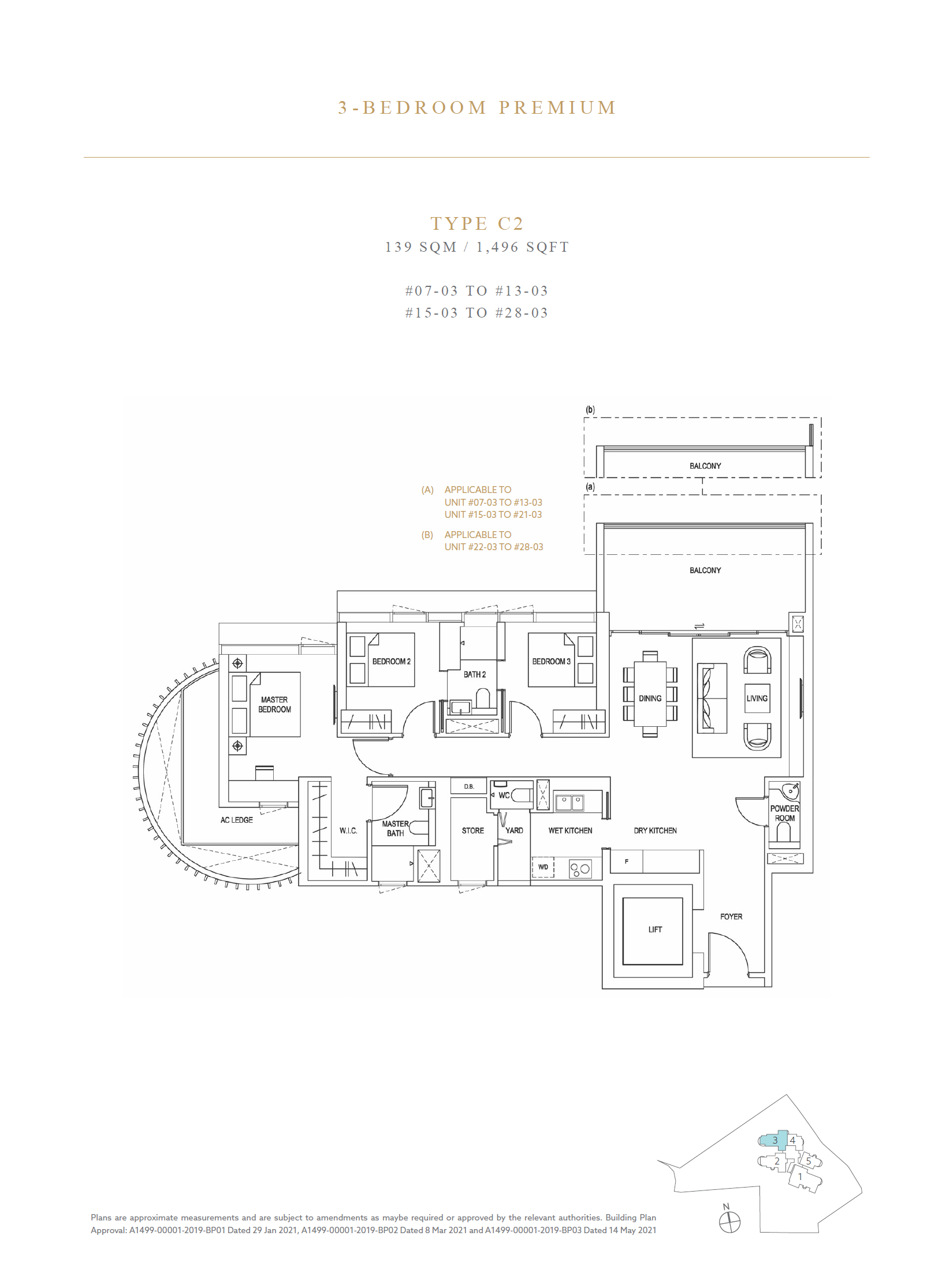Floor plan of Klimt Cairnhill type C2, 3-Bedroom, 1,496 sq ft
