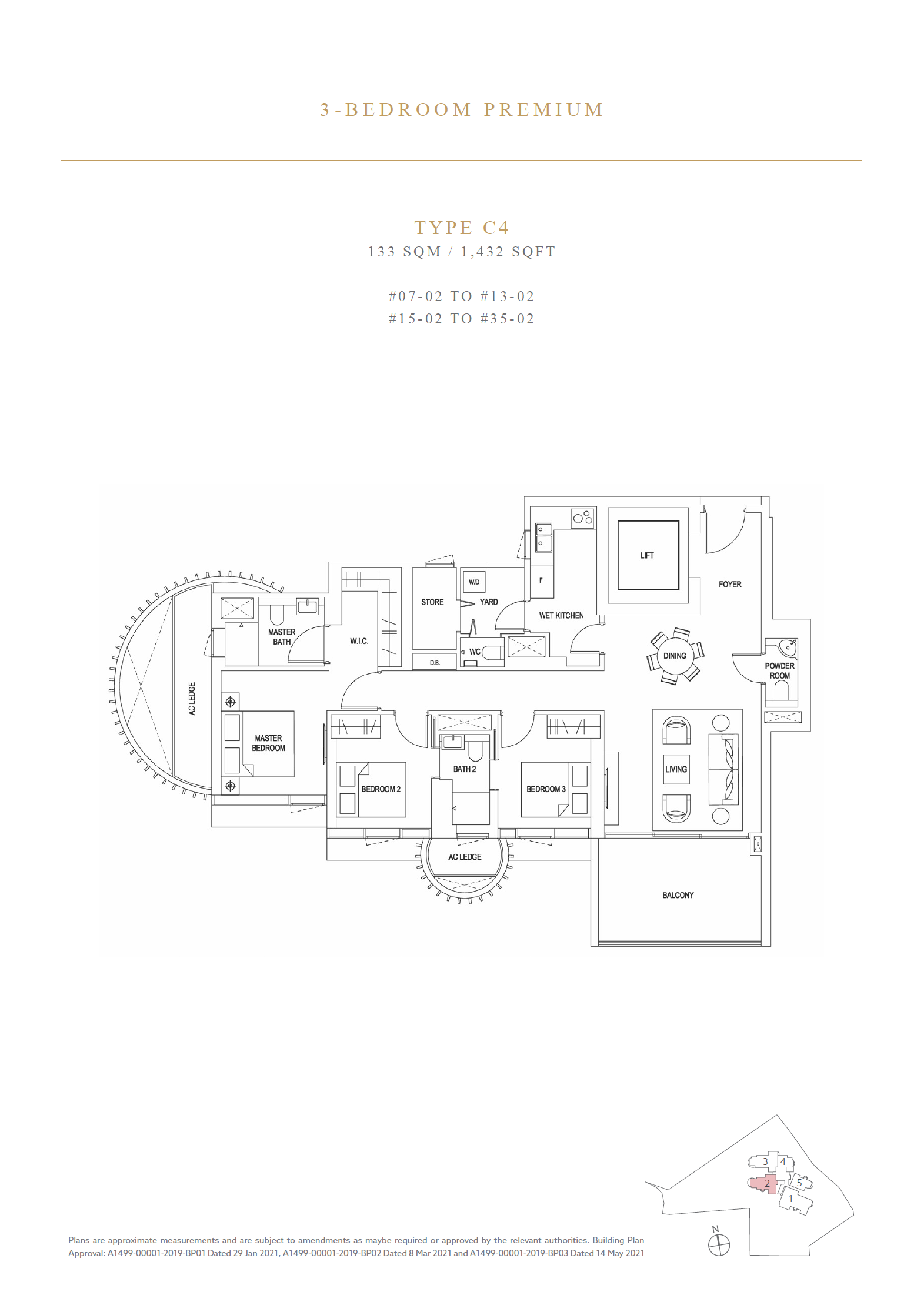 Floor plan of Klimt Cairnhill type C4, 3-Bedroom, 1,432 sq ft