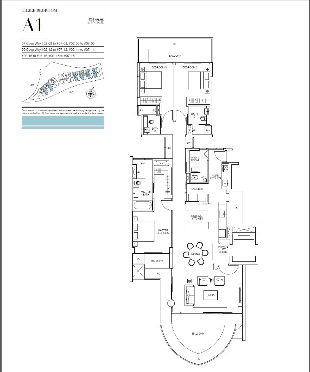Floor plan of Seascape type A1, 3-Bedroom, 2,174 sq ft
