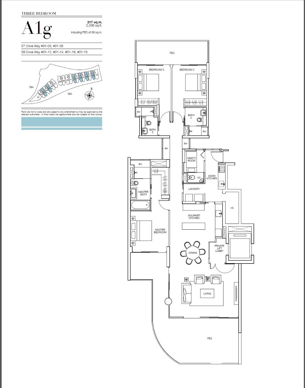 Floor plan of Seascape type A1g, 3-Bedroom, 2,336 sq ft