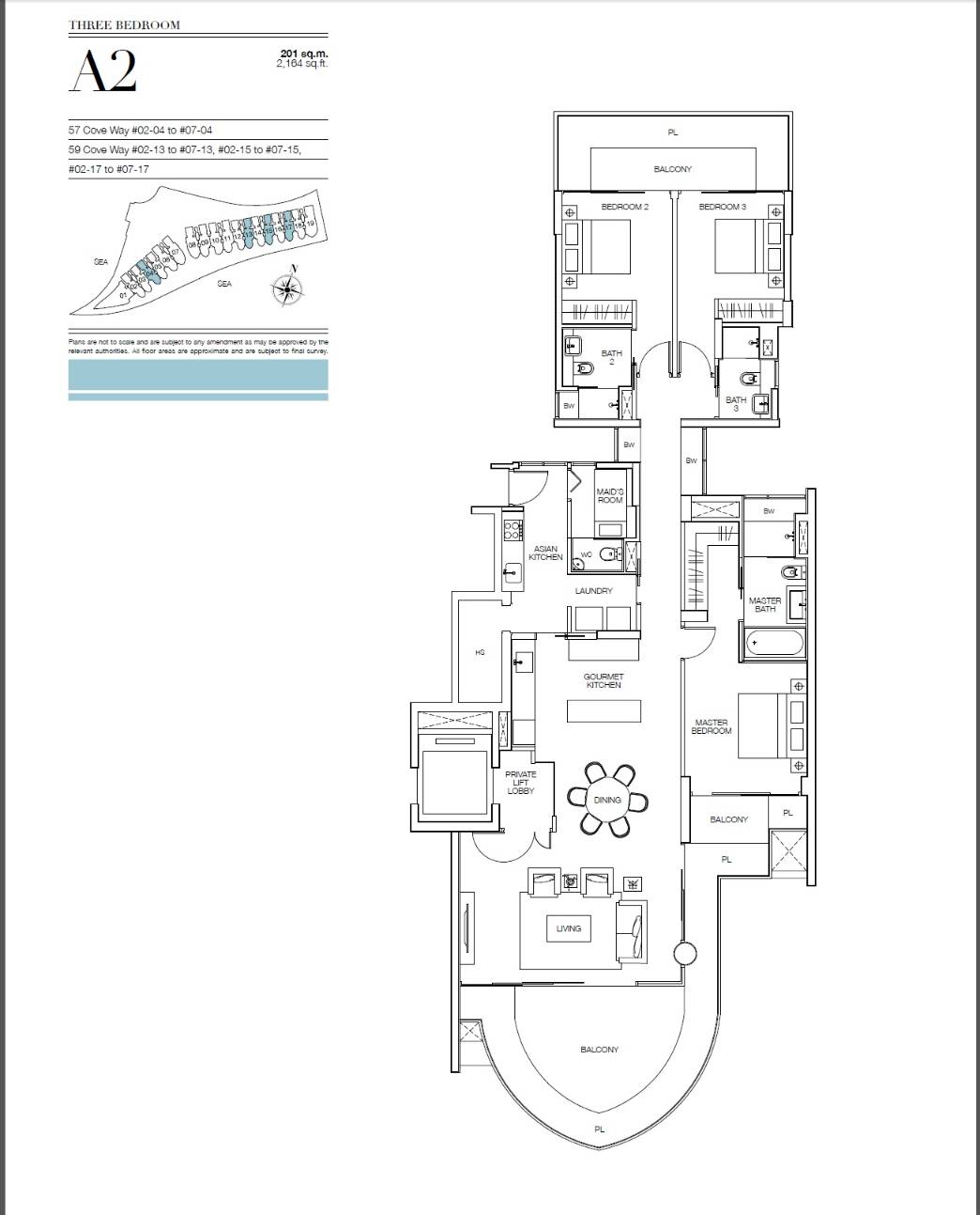 Floor plan of Seascape type A2, 3-Bedroom, 2,164 sq ft
