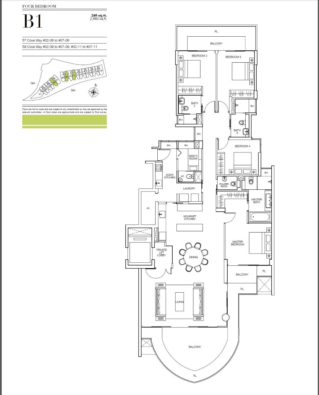 Floor plan of Seascape type B1, 4-Bedroom, 2,680 sq ft