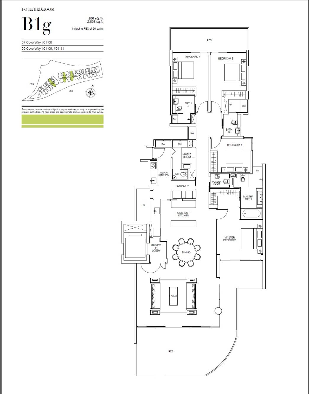 Floor plan of Seascape type B1g, 4-Bedroom, 2,863 sq ft