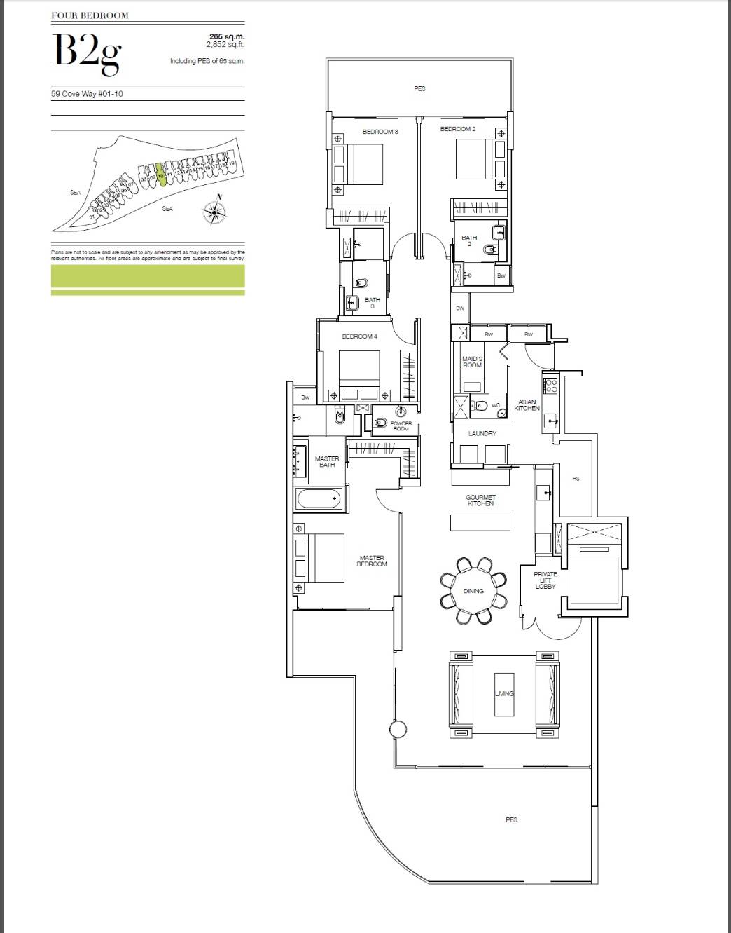 Floor plan of Seascape type B2g, 4-Bedroom, 2,852 sq ft