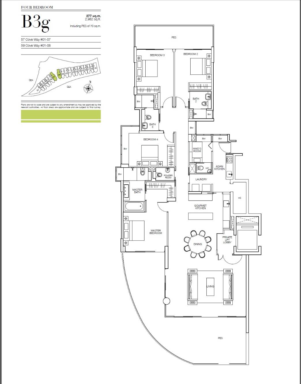 Floor plan of Seascape type B3g, 4-Bedroom, 2,982 sq ft