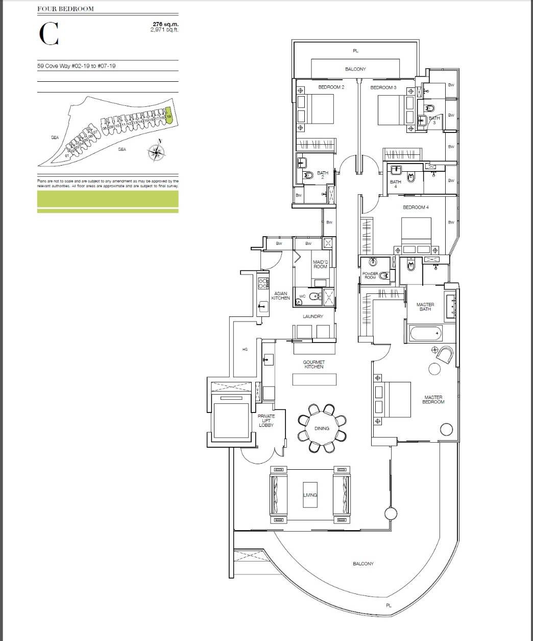 Floor plan of Seascape type C, 4-Bedroom, 2,971 sq ft