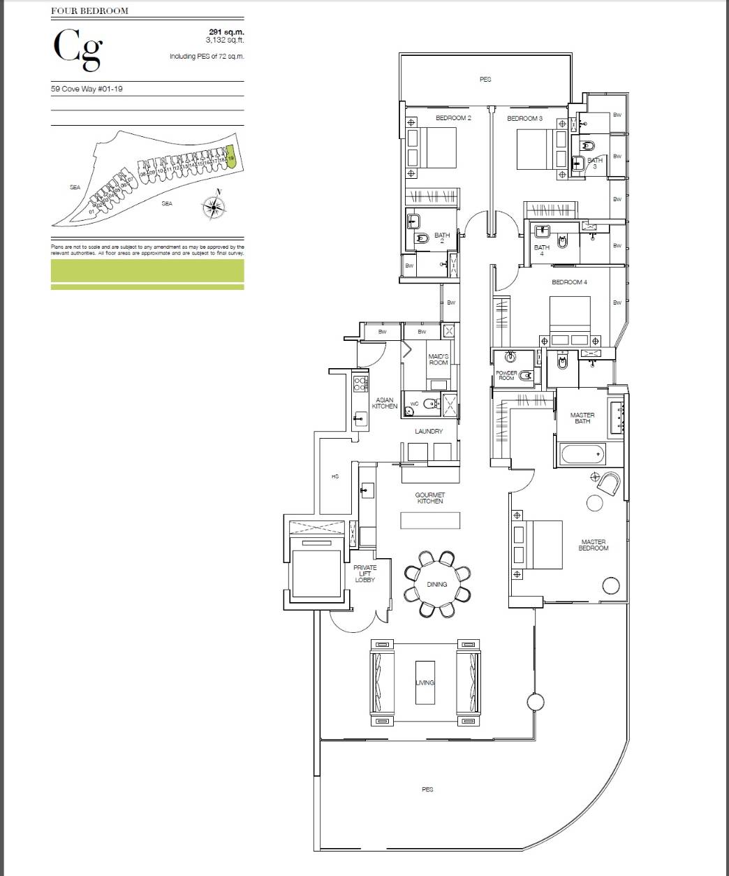 Floor plan of Seascape type Cg, Penthouse, 3,132 sq ft