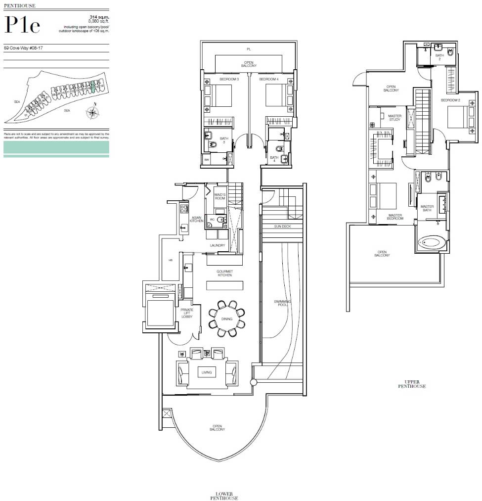 Floor plan of Seascape type P1e, Penthouse, 3,380 sq ft