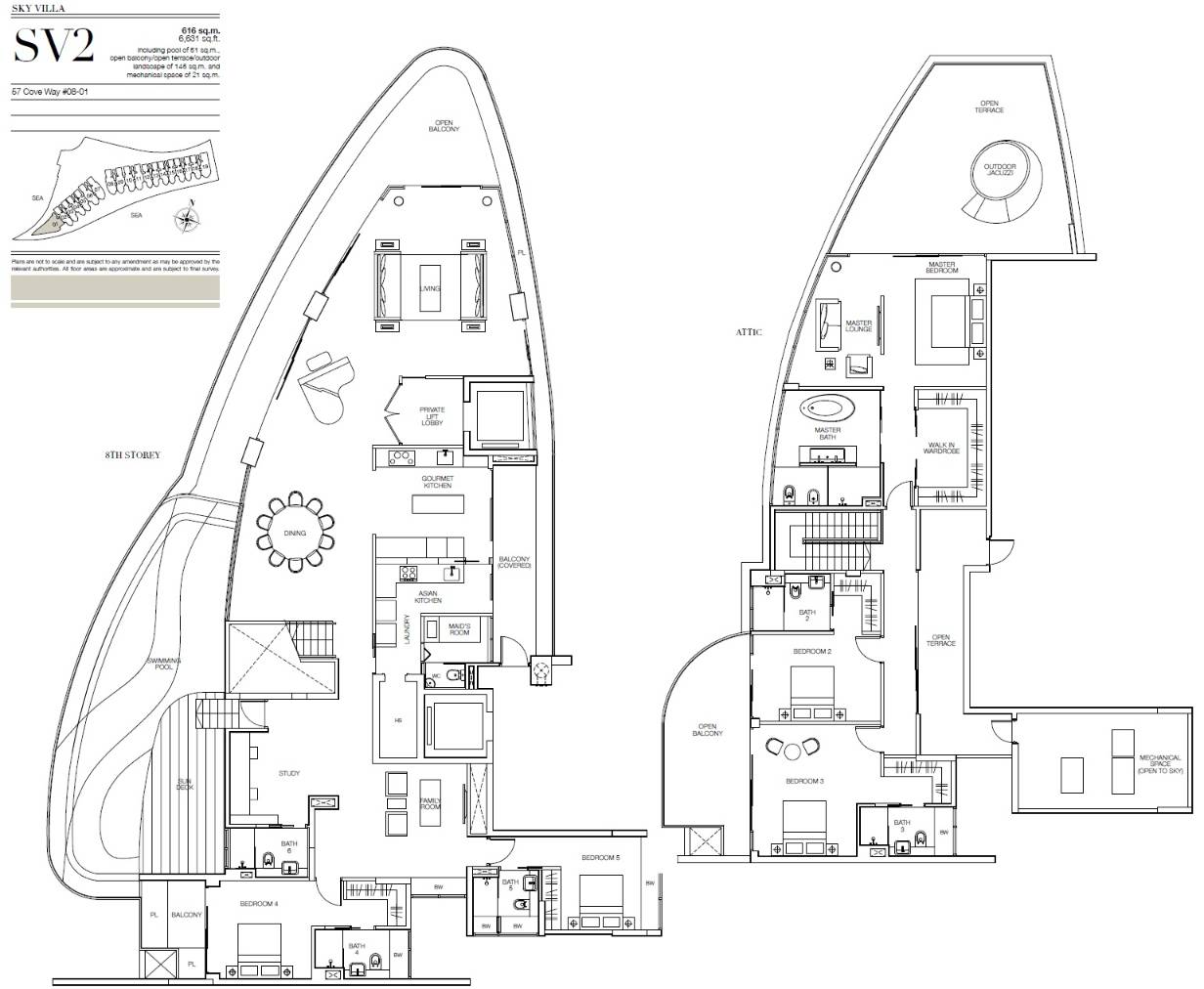 Floor plan of Seascape type SV2, Sky Suite, 6,631 sq ft
