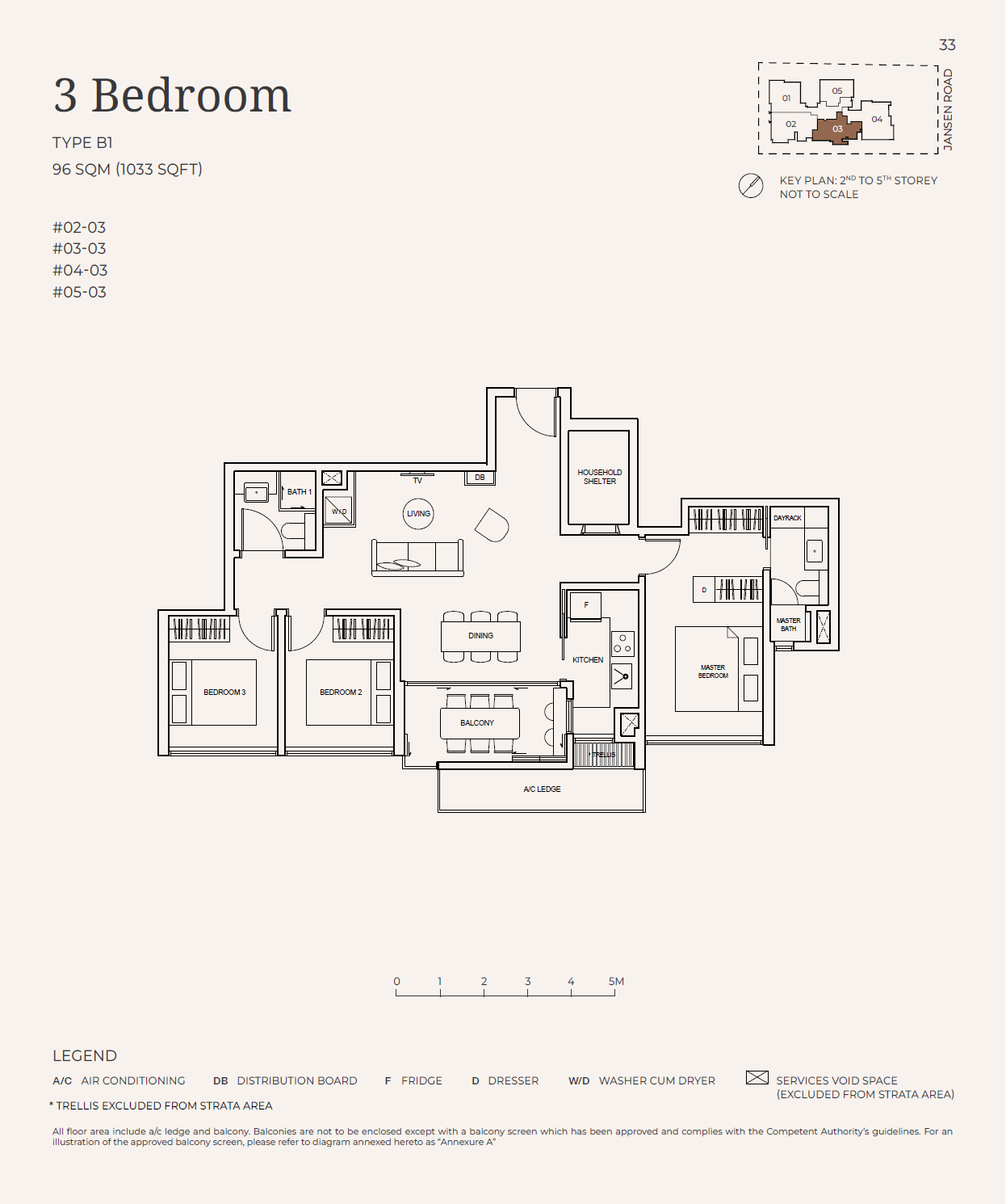 Floor plan of Jansen House type B1, 3-Bedroom, 1,033 sq ft