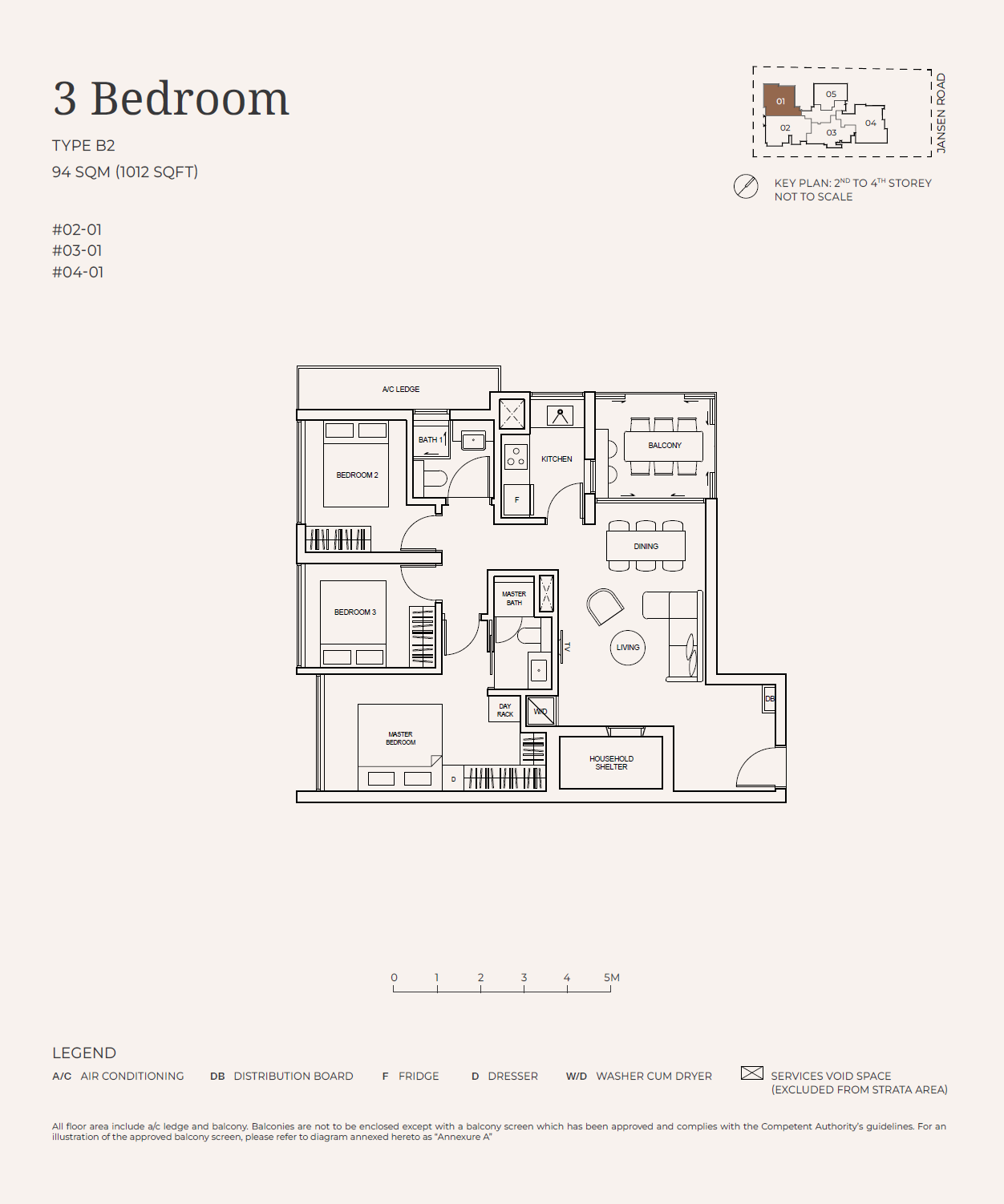 Floor plan of Jansen House type B2, 3-Bedroom, 1,012 sq ft
