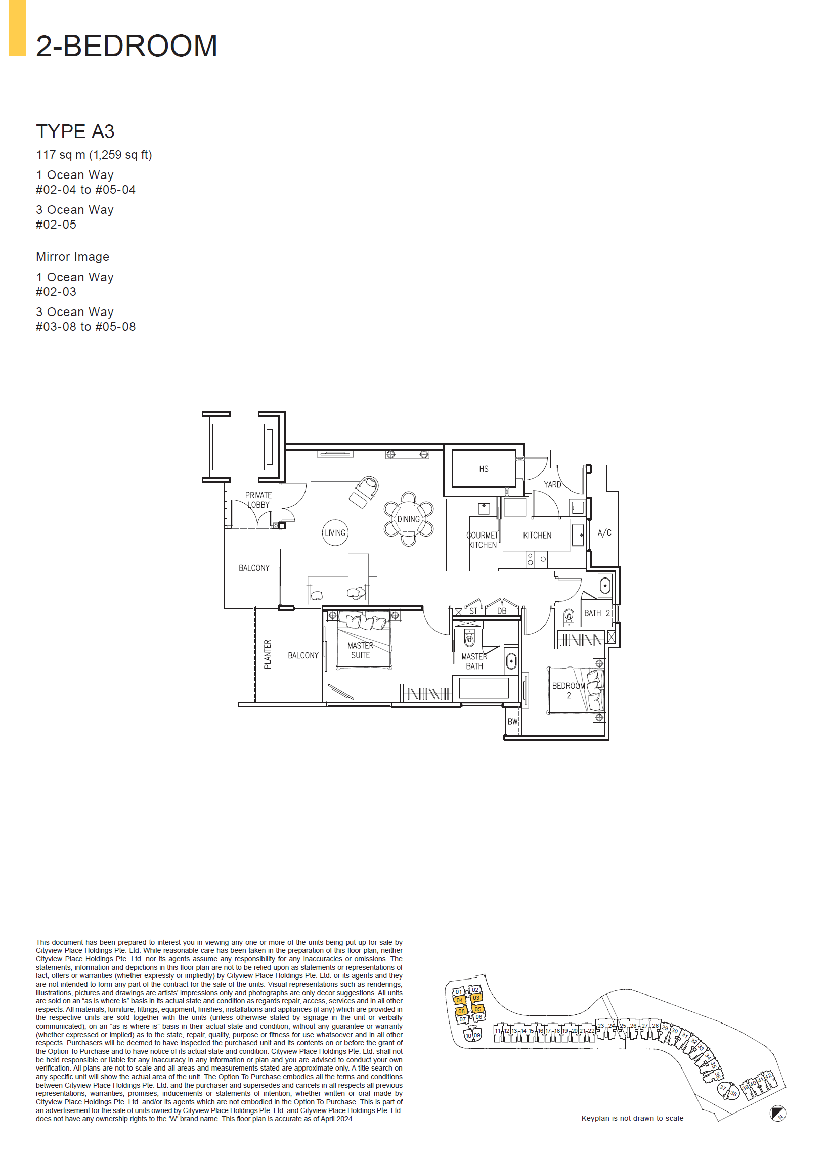 Floor plan of The Residences At W Singapore Sentosa Cove type A3, 2-Bedroom, 1,259 sq ft