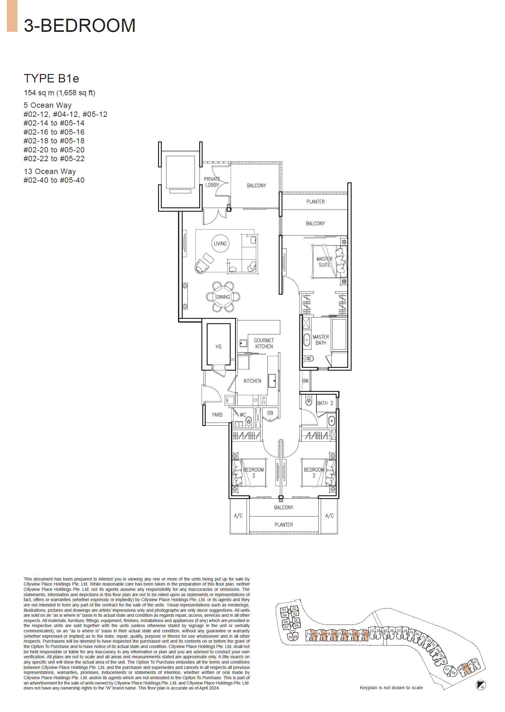 Floor plan of The Residences At W Singapore Sentosa Cove type B1e, 3-Bedroom, 1,658 sq ft