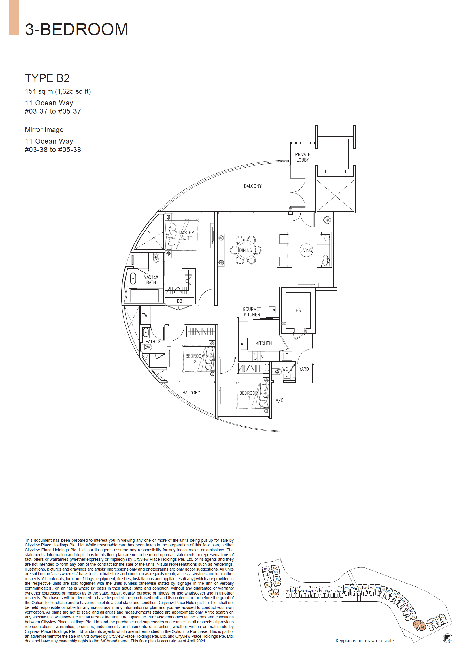 Floor plan of The Residences At W Singapore Sentosa Cove type B2, 3-Bedroom, 1,625 sq ft