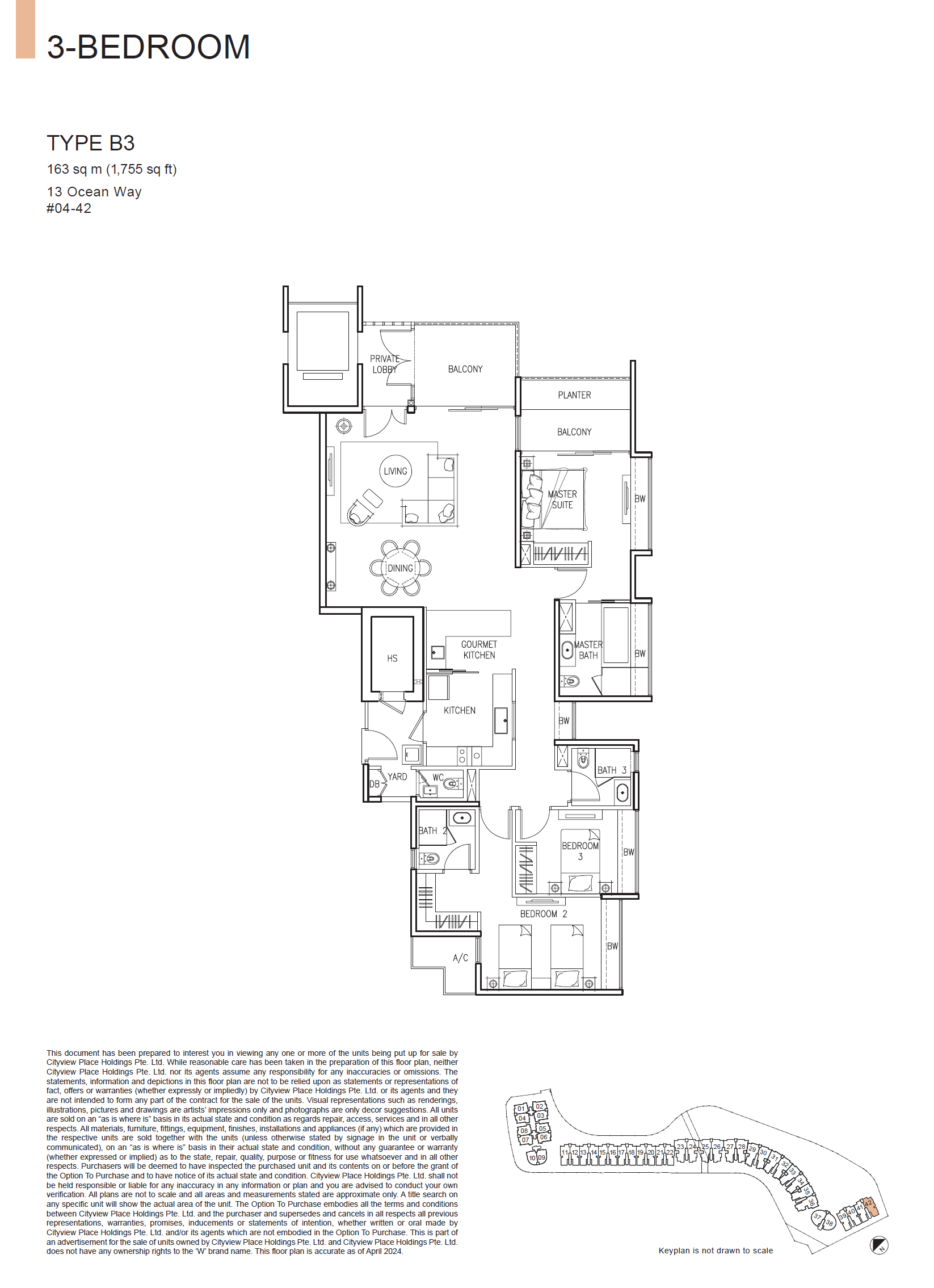 Floor plan of The Residences At W Singapore Sentosa Cove type B3, 3-Bedroom, 1,755 sq ft