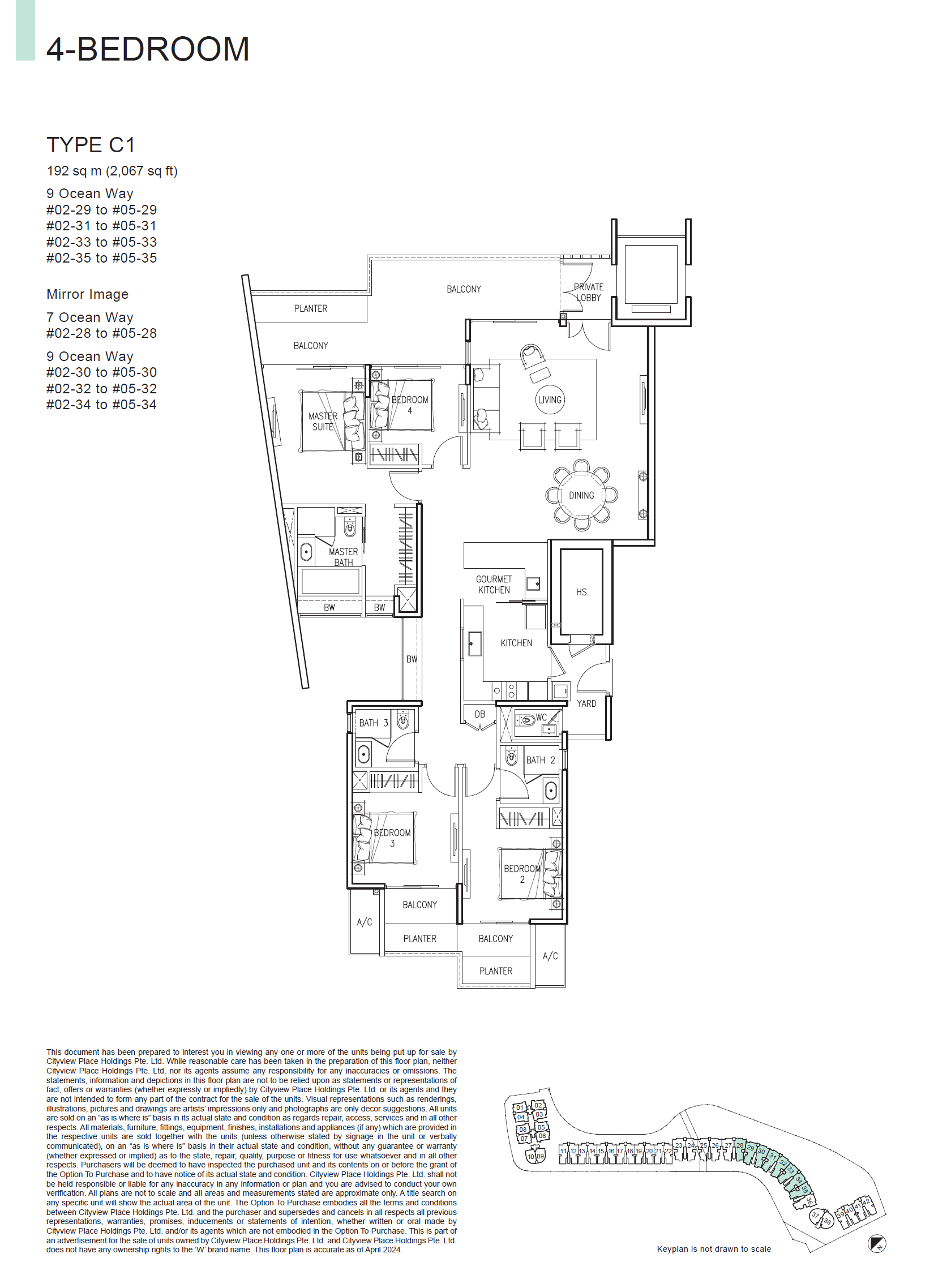 Floor plan of The Residences At W Singapore Sentosa Cove type C1, 4-Bedroom, 2,067 sq ft