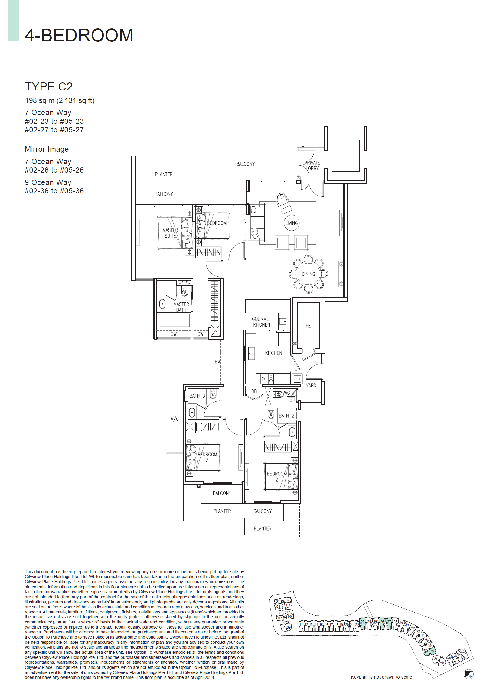 Floor plan of The Residences At W Singapore Sentosa Cove type C2, 4-Bedroom, 2,131 sq ft