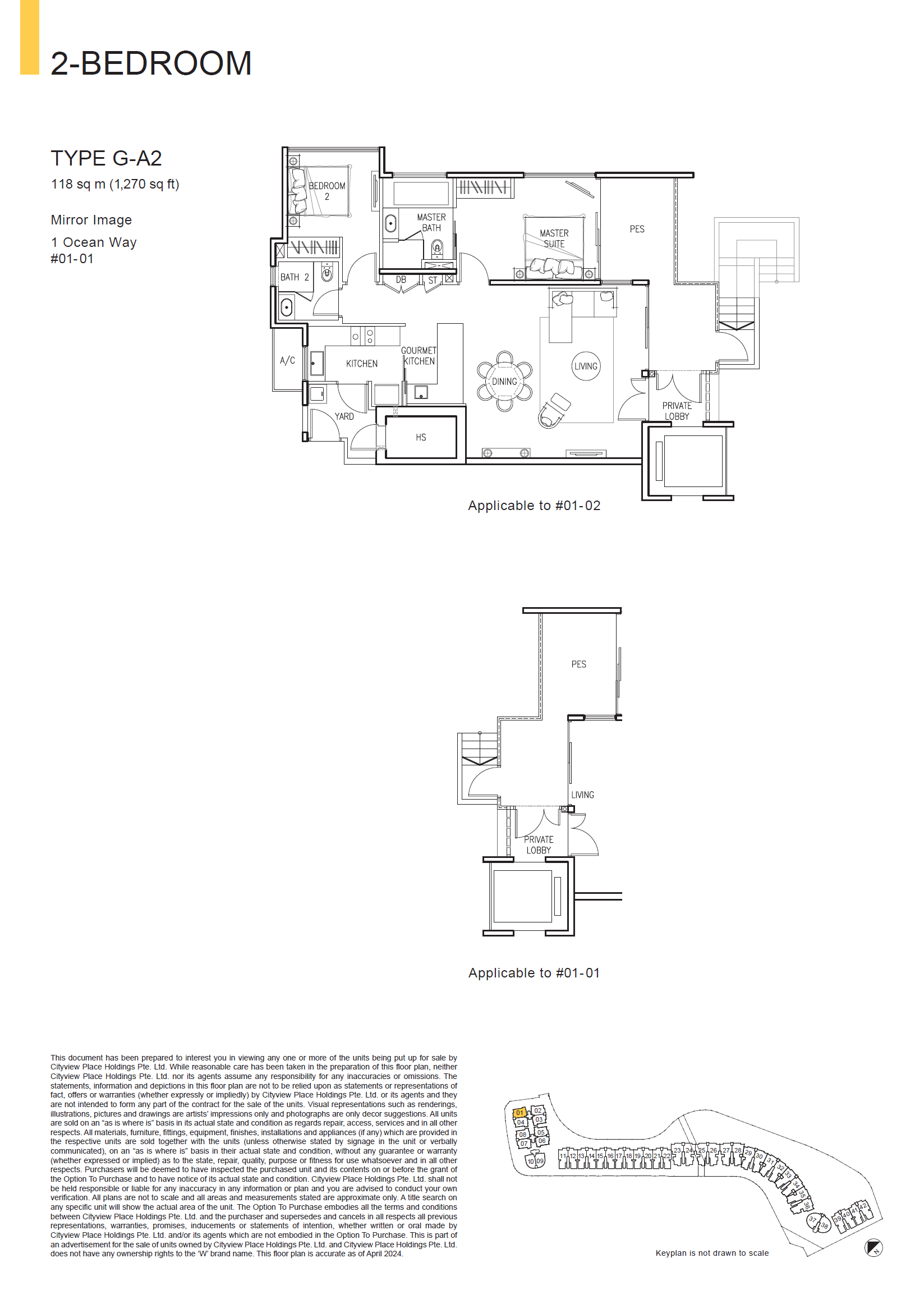 Floor plan of The Residences At W Singapore Sentosa Cove type G-A2, 2-Bedroom, 1,270 sq ft