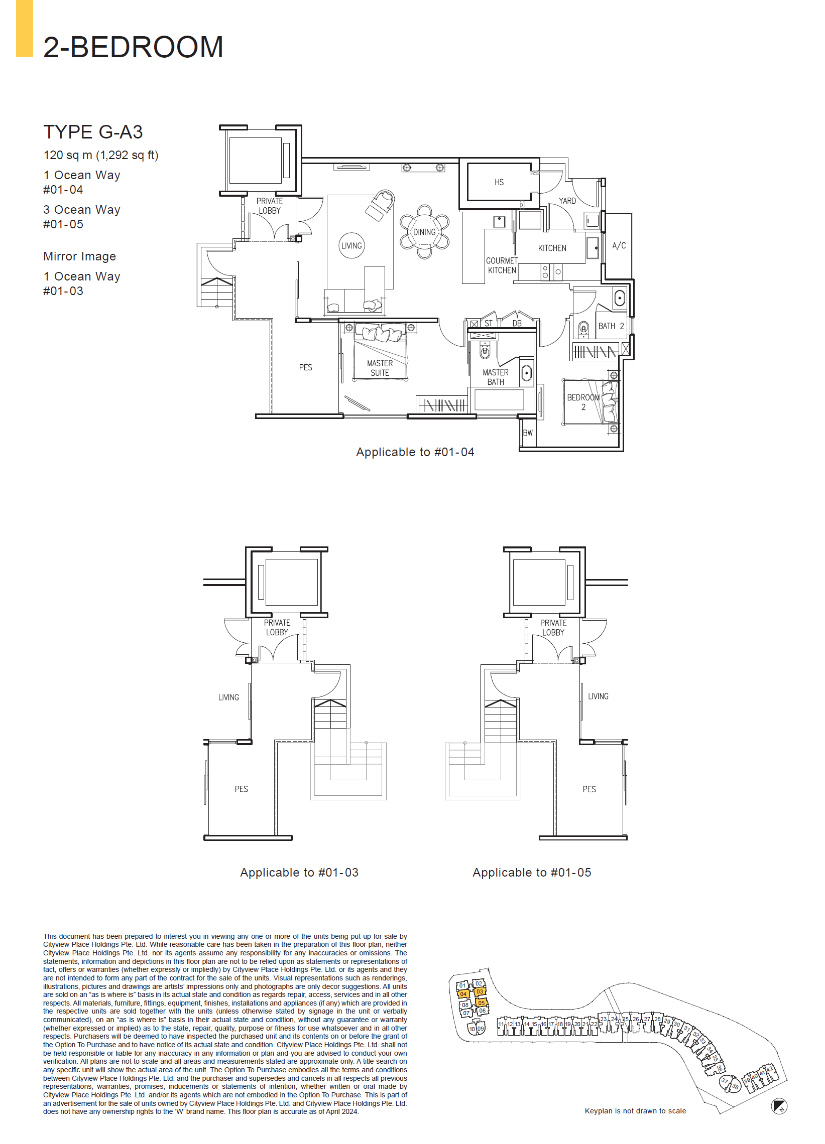 Floor plan of The Residences At W Singapore Sentosa Cove type G-A3, 2-Bedroom, 1,292 sq ft