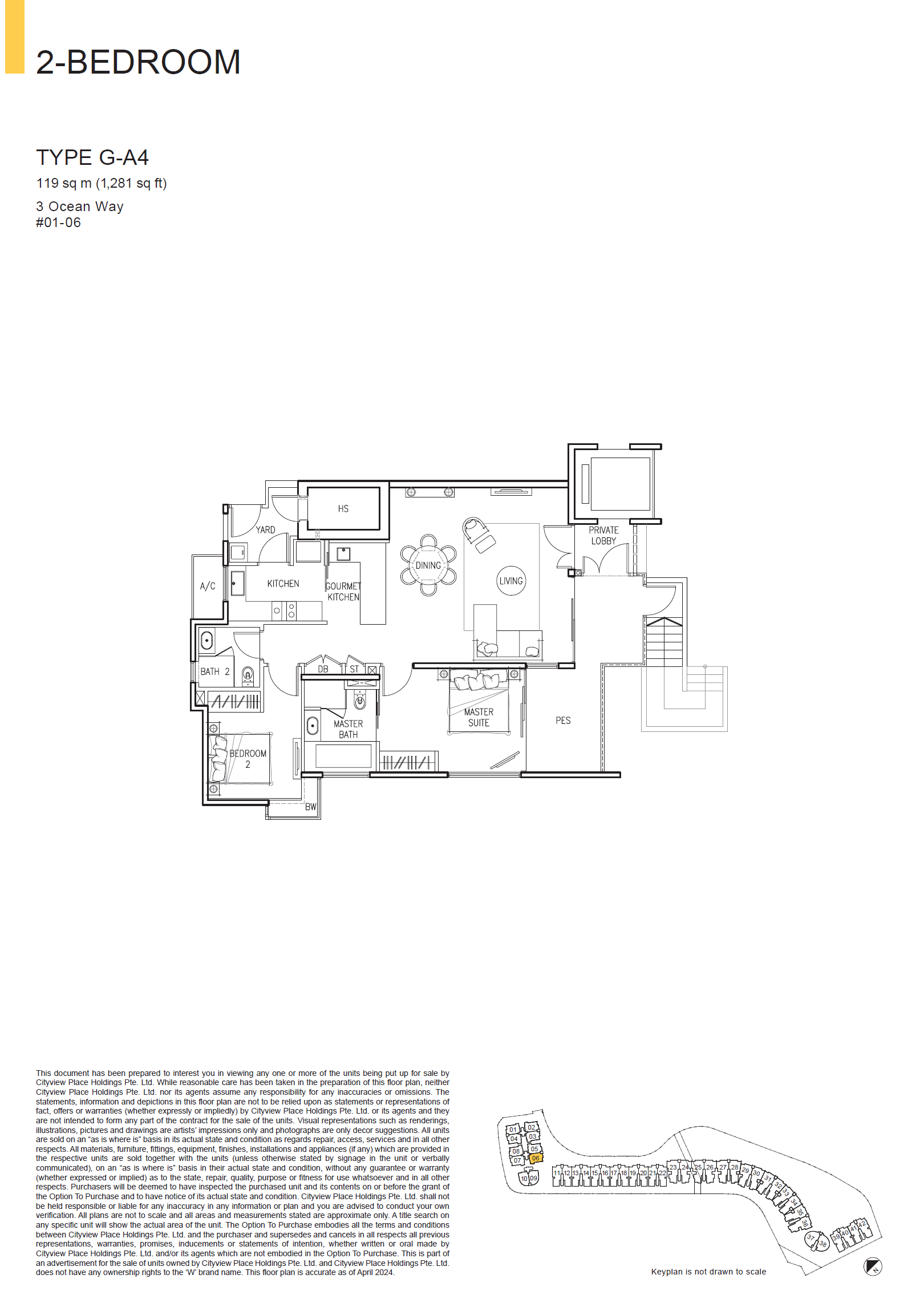 Floor plan of The Residences At W Singapore Sentosa Cove type G-A4, 2-Bedroom, 1,281 sq ft
