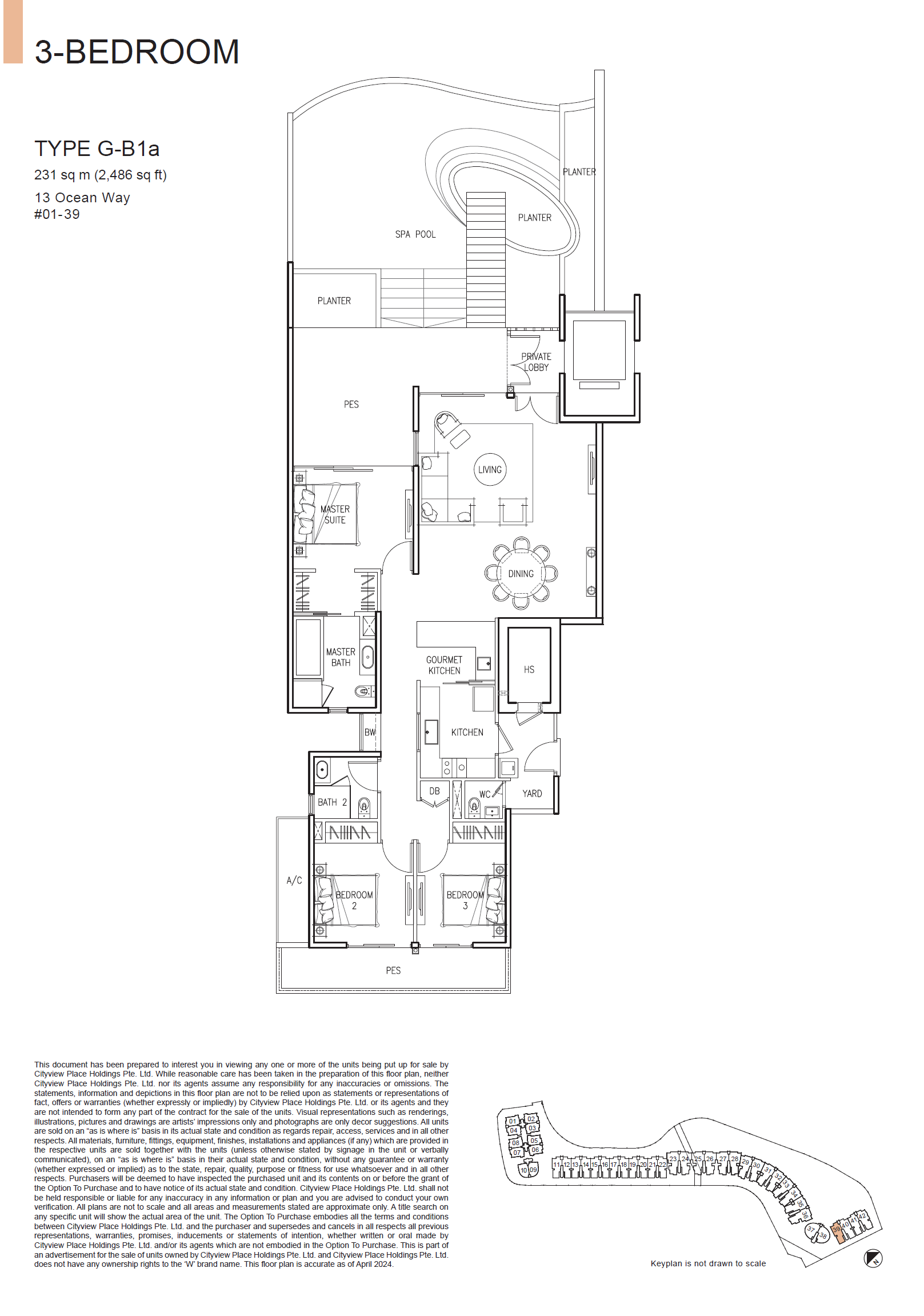 Floor plan of The Residences At W Singapore Sentosa Cove type G-B1a, 3-Bedroom, 2,486 sq ft