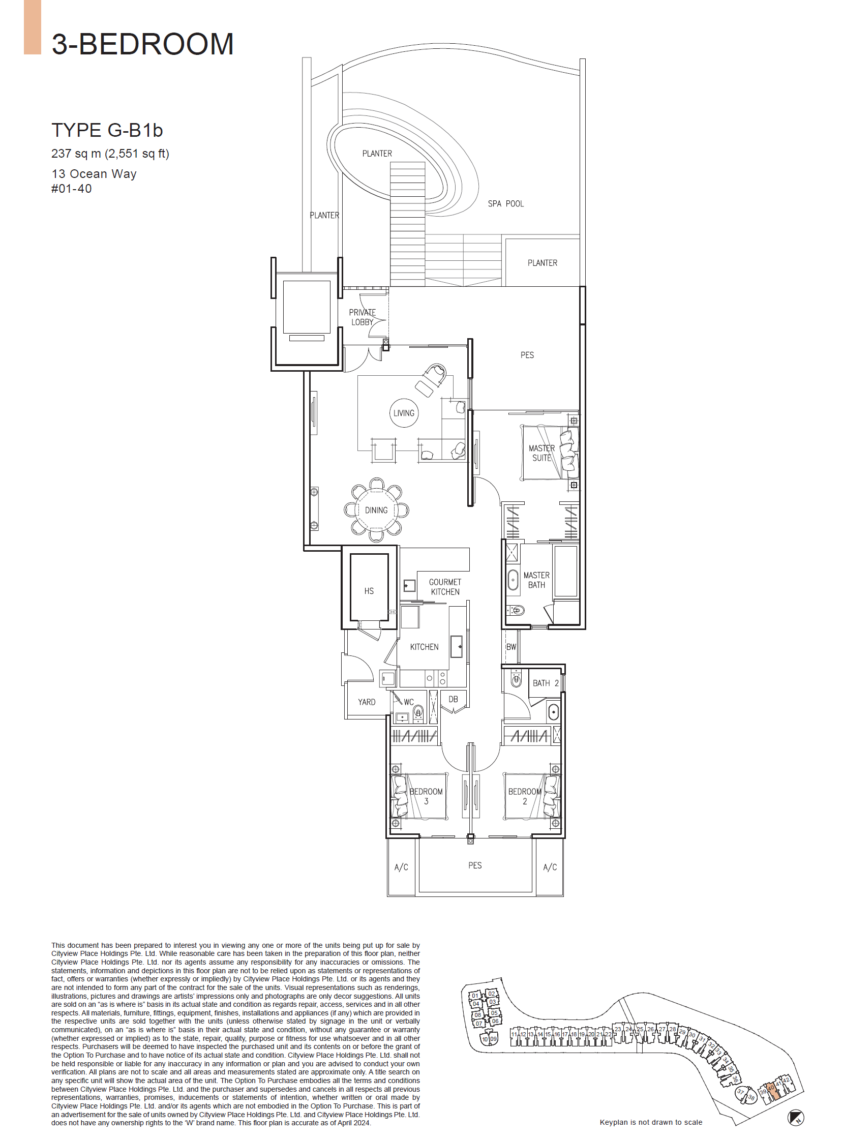 Floor plan of The Residences At W Singapore Sentosa Cove type G-B1b, 3-Bedroom, 2,551 sq ft