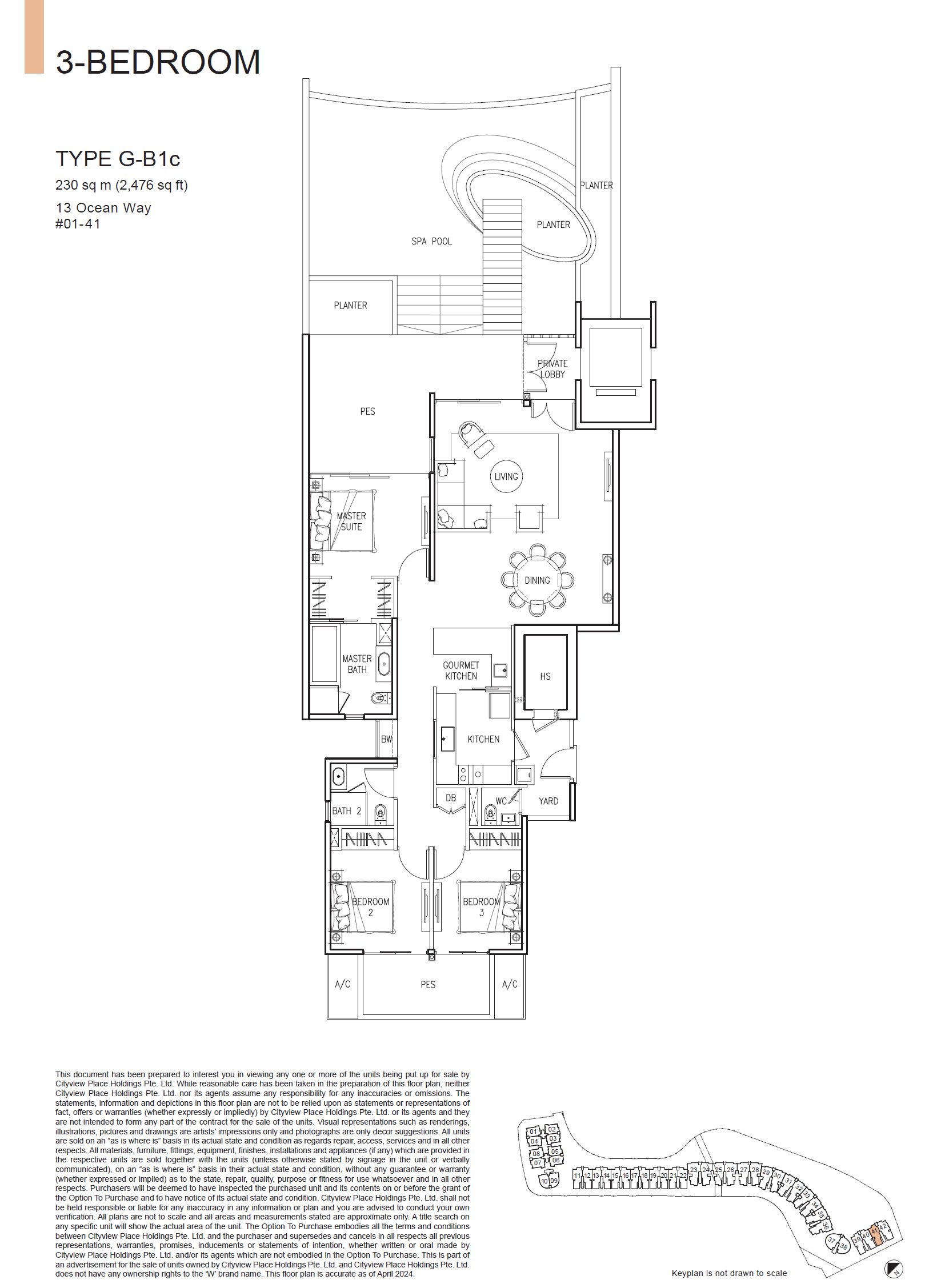 Floor plan of The Residences At W Singapore Sentosa Cove type G-B1c, 3-Bedroom, 2,476 sq ft