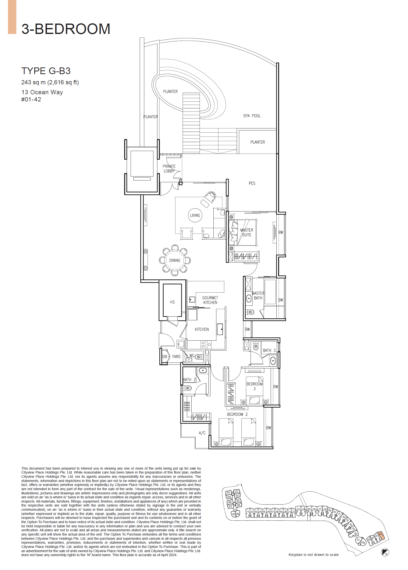 Floor plan of The Residences At W Singapore Sentosa Cove type G-B3, 3-Bedroom, 2,616 sq ft