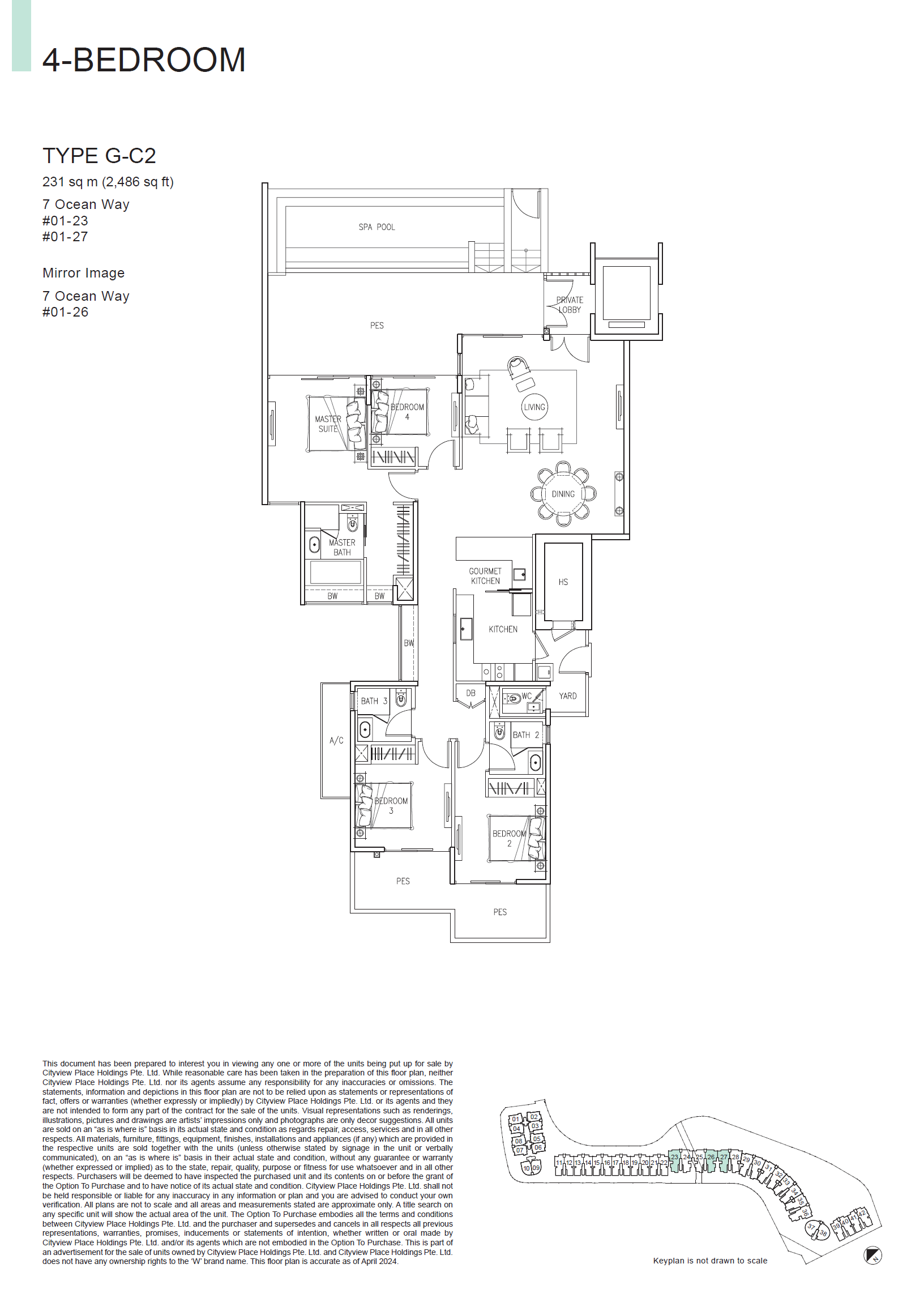 Floor plan of The Residences At W Singapore Sentosa Cove type G-C2, 4-Bedroom, 2,486 sq ft