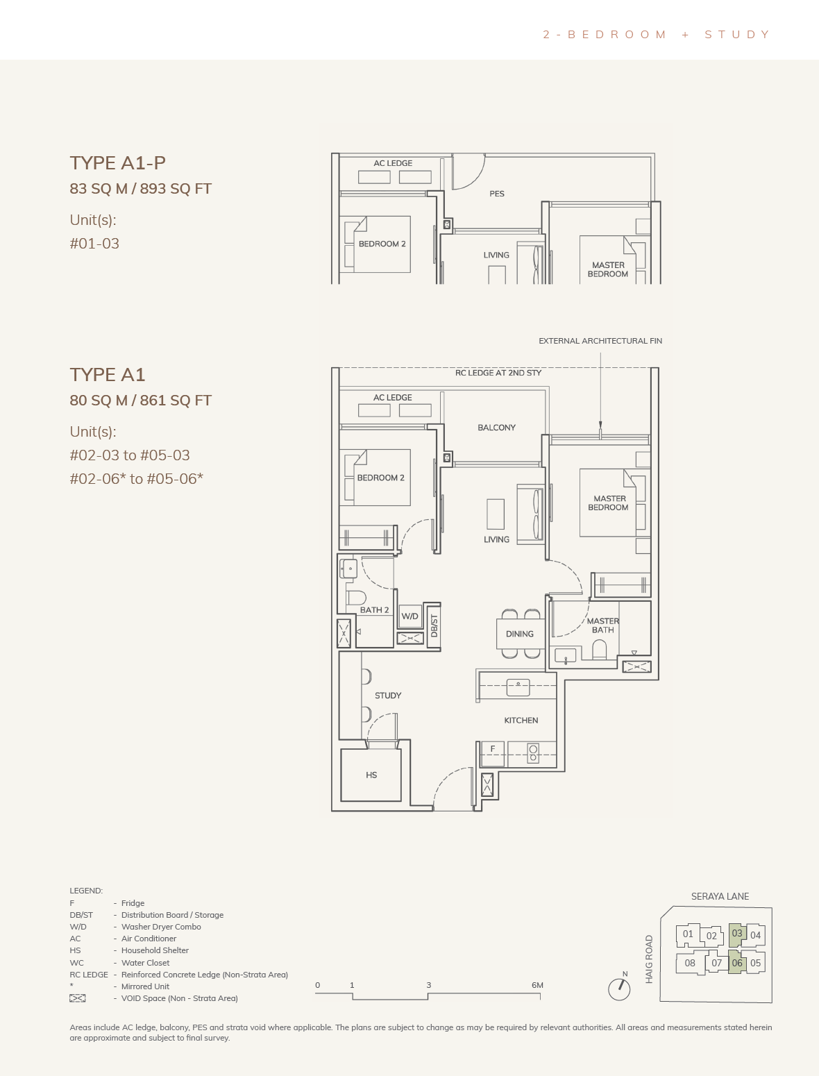 Floor plan of ARDOR Residence type A1, 2-Bedroom + Study, 861 sq ft