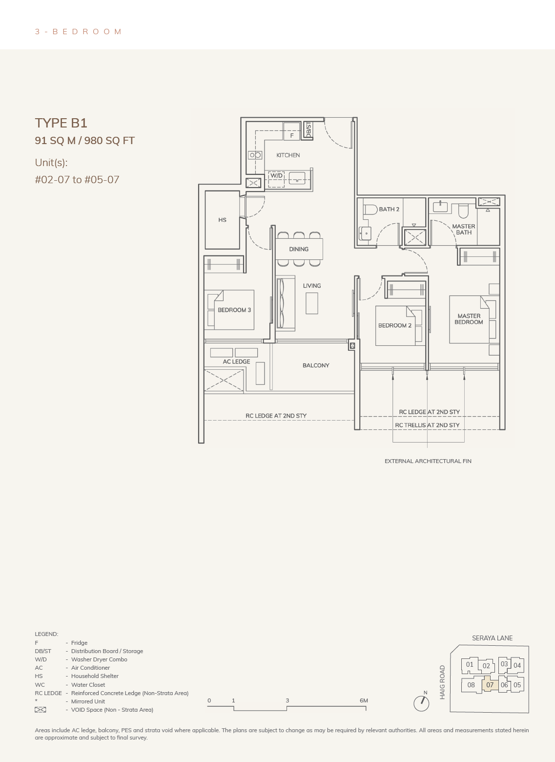 Floor plan of ARDOR Residence type B1, 3-Bedroom, 980 sq ft