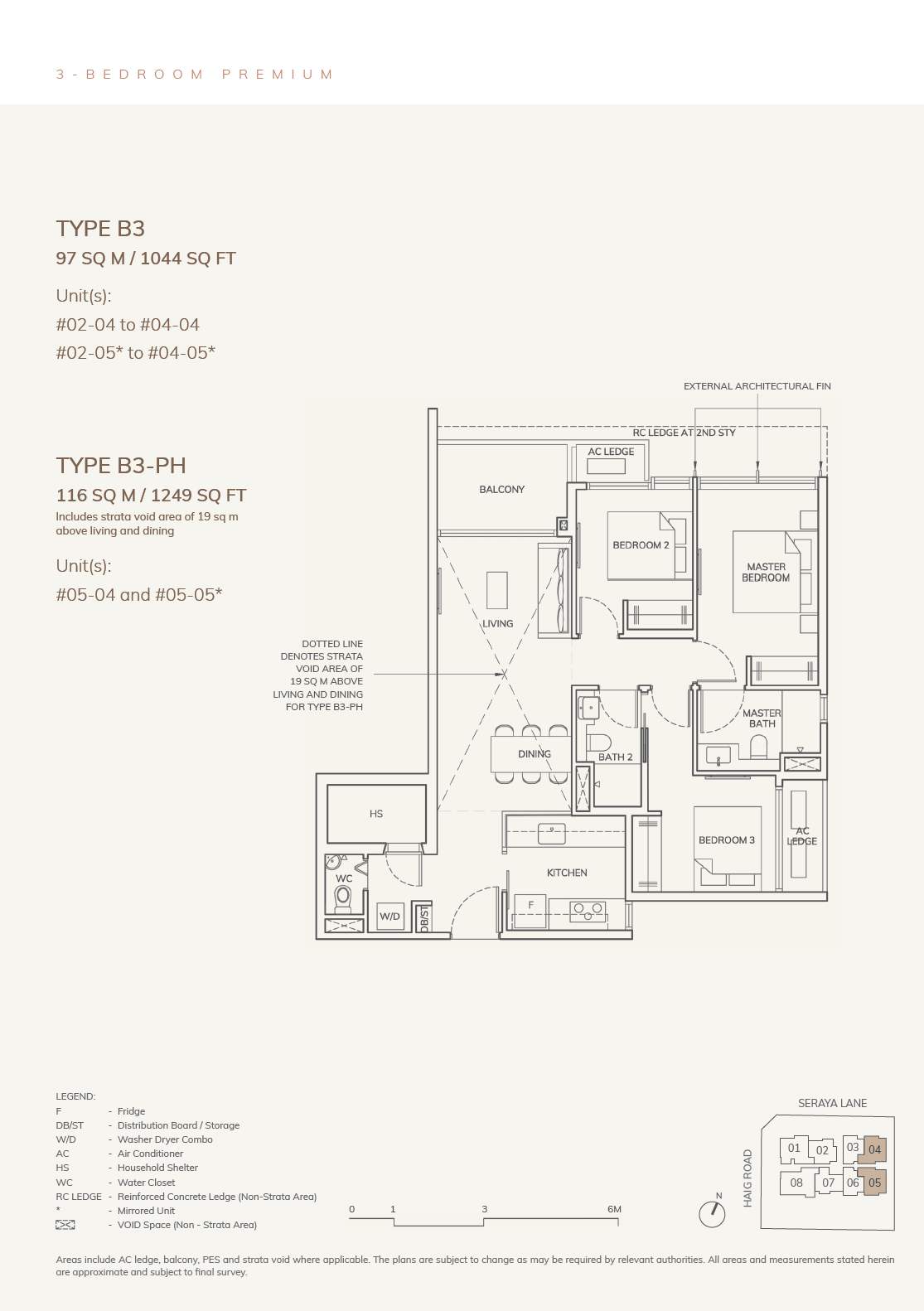 Floor plan of ARDOR Residence type B3, 3-Bedroom, 1,044 sq ft