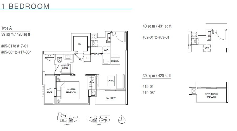 Floor plan of The Line @ Tanjong Rhu type A, 1-Bedroom, 420 to 431 sq ft