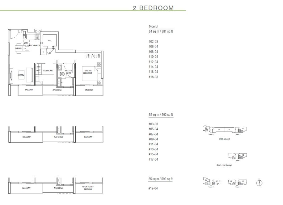 Floor plan of The Line @ Tanjong Rhu type B, 2-Bedroom, 581 to 592 sq ft