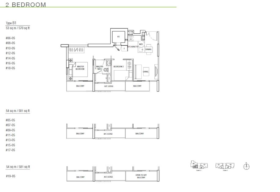 Floor plan of The Line @ Tanjong Rhu type B1, 2-Bedroom, 570 sq ft